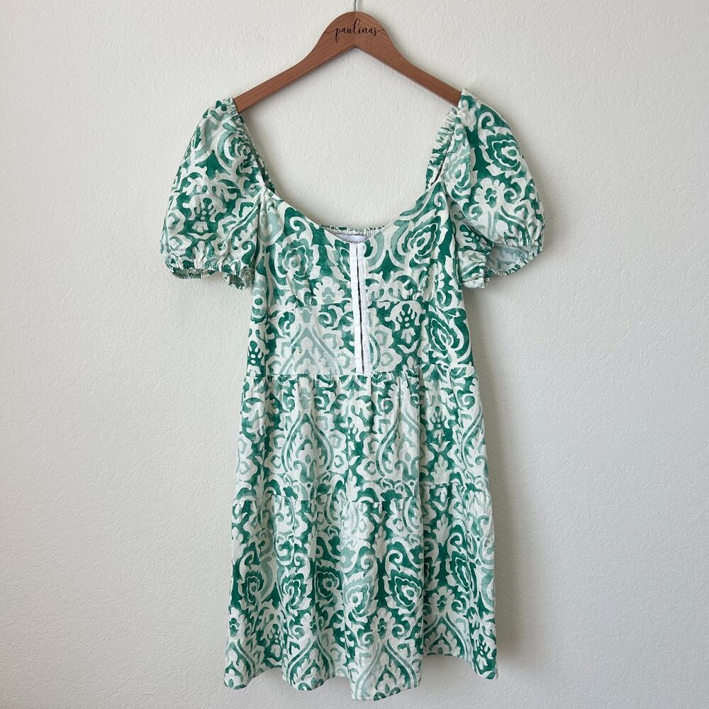 House of Harlow 1960 Dress Womens Medium Green Peasant Linen Smocked Mini M